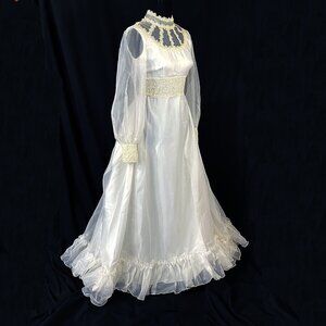 Wedding Dress Bridal Originals Prairie Cottage Core White Organza Vintage 1970s